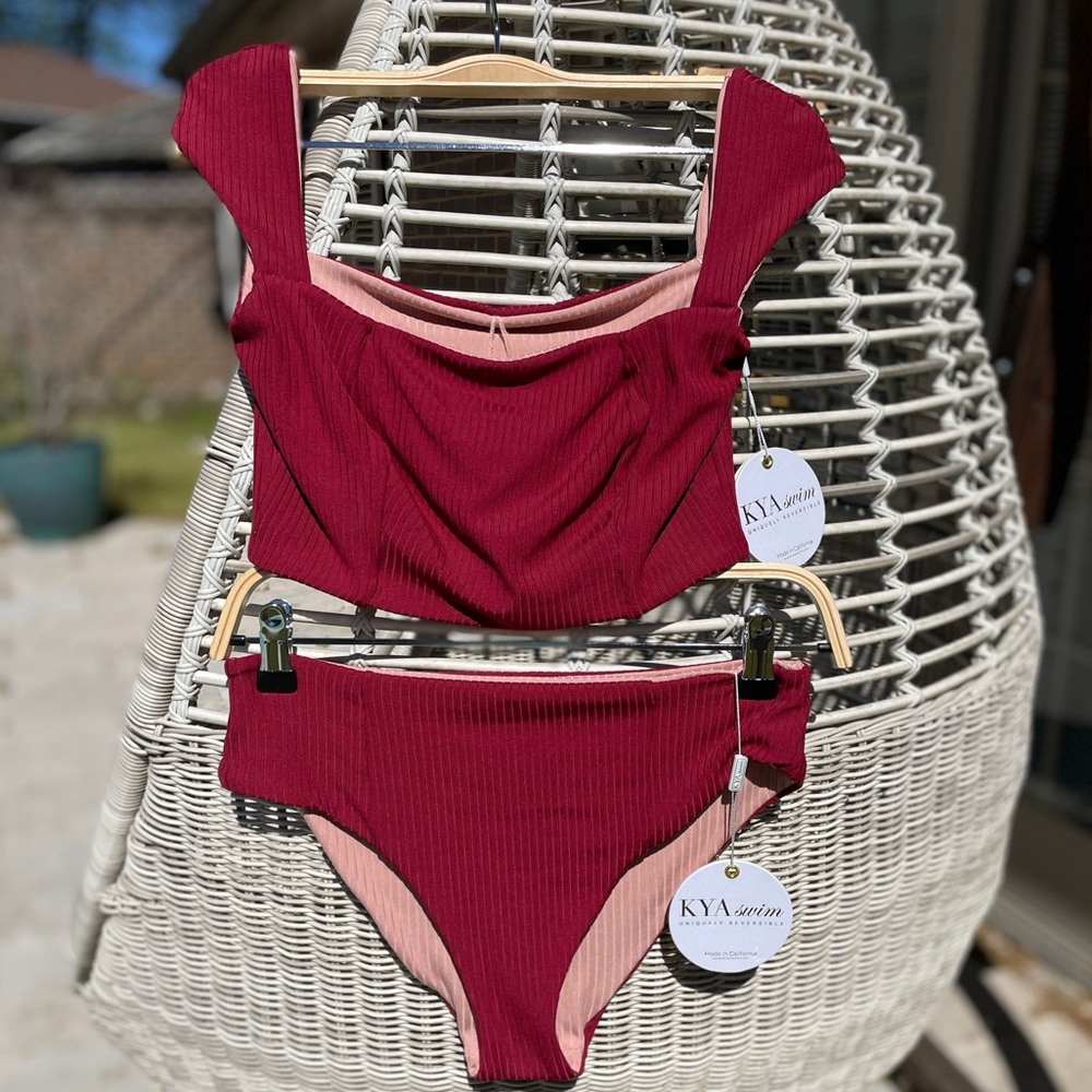 NWT Kya Swim “Chloe” & “Adaline” bikini in Reversible Ribbed Ruby / Bellini